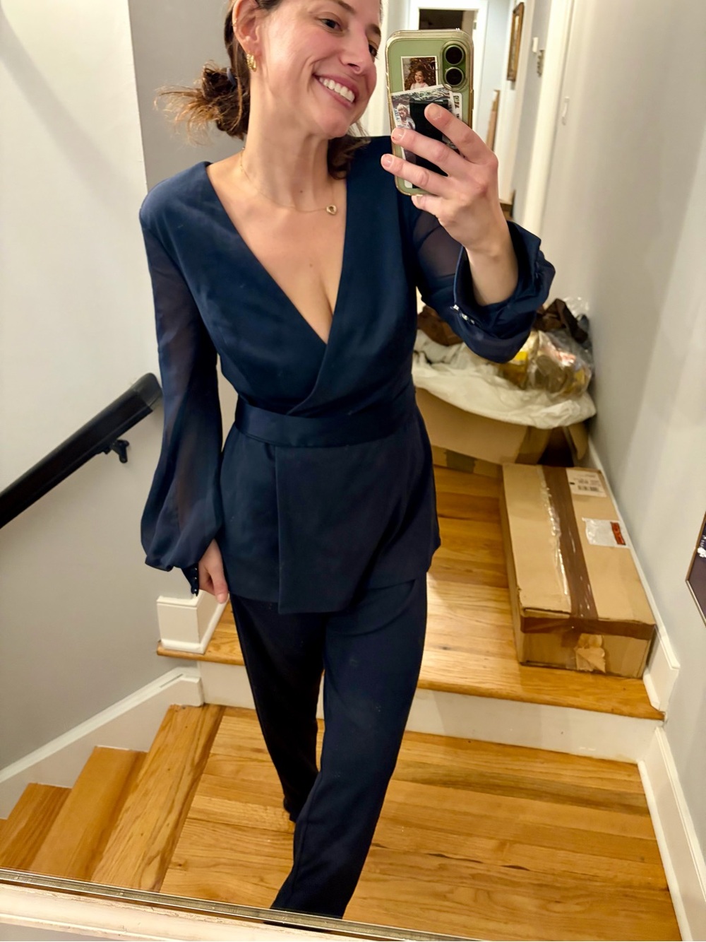 Oleg Cassini Navy Blue Formal Pantsuit Set w/ Rhinestone Belt Size 8 NWOT